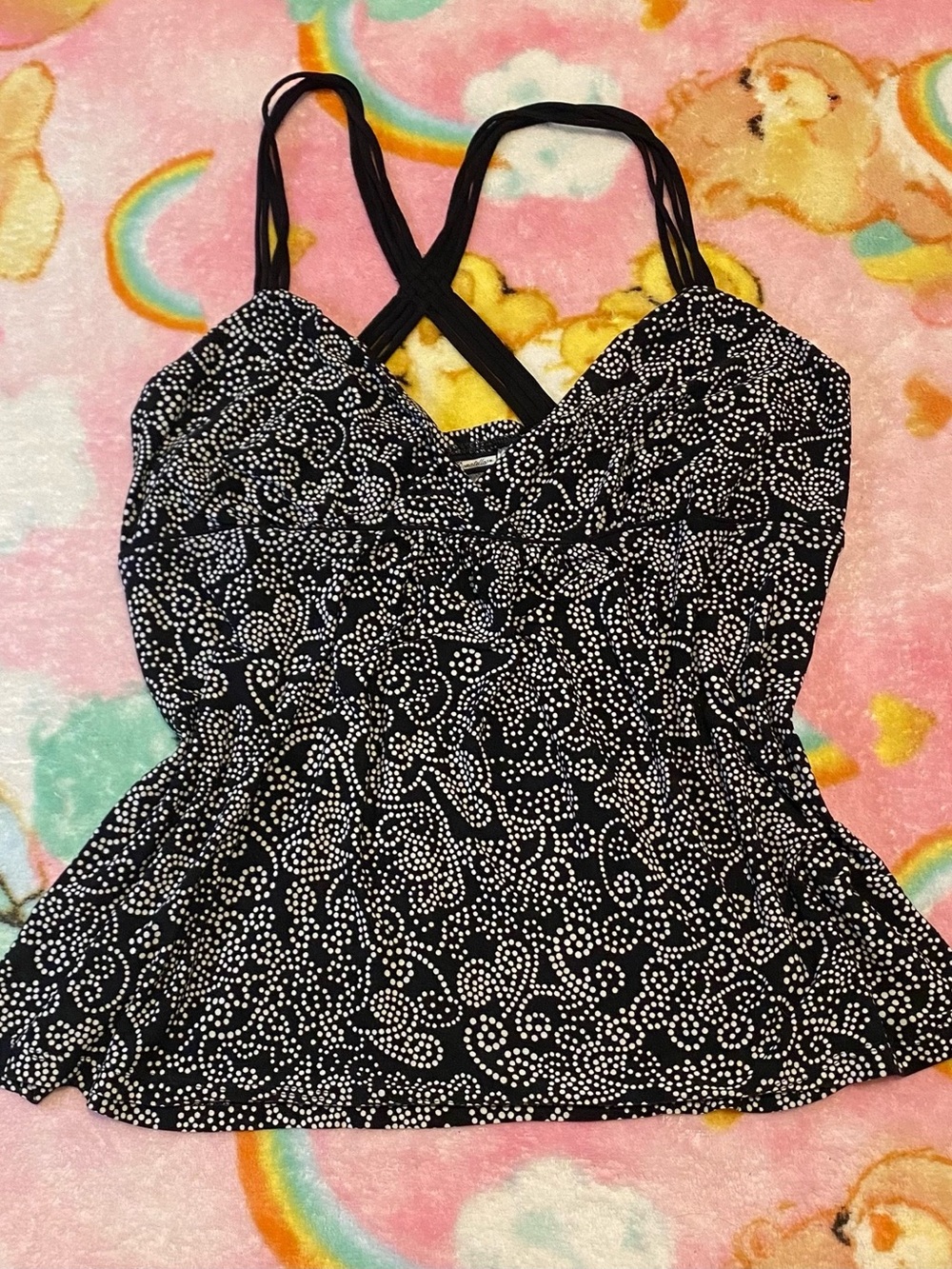 Womens Black & White Paisley Dot Print Cami with Crisscross Straps